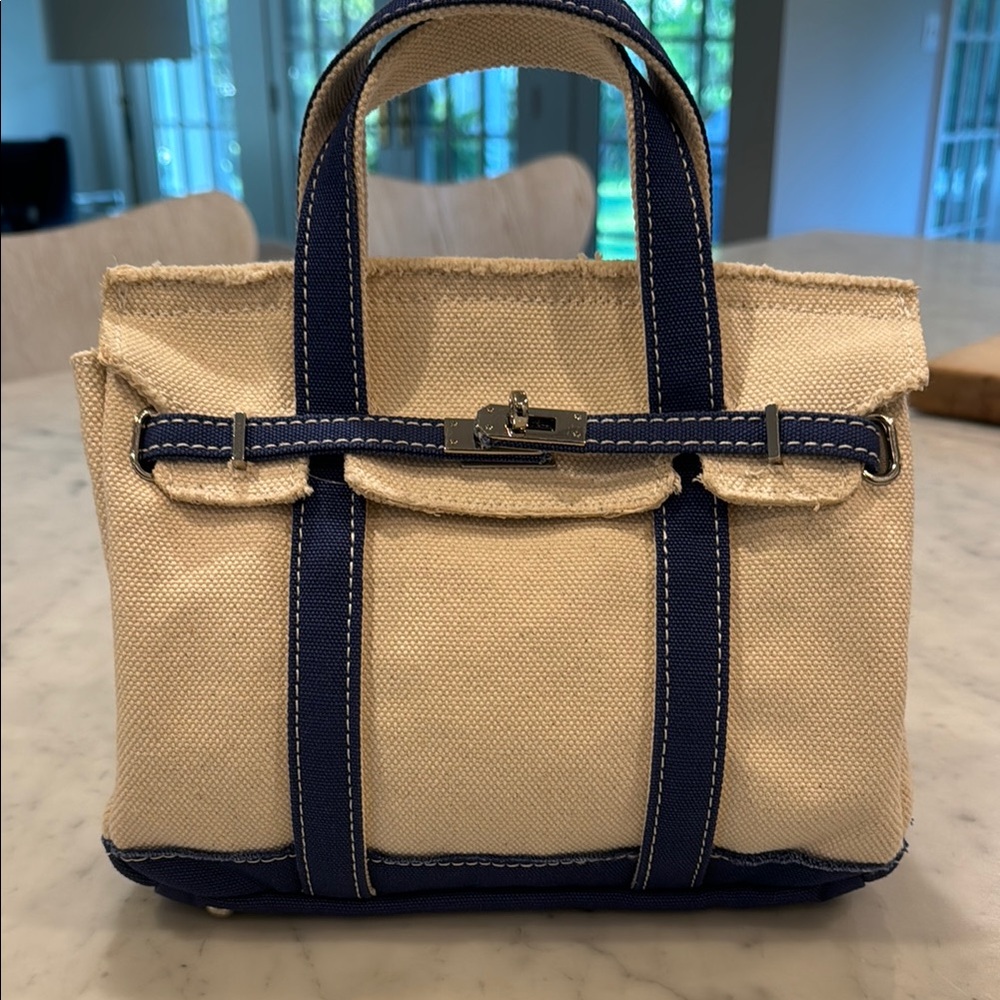 “Boatkin” mini tote Canvas Tote with Navy Trim -Cream and Navy / silver hardware